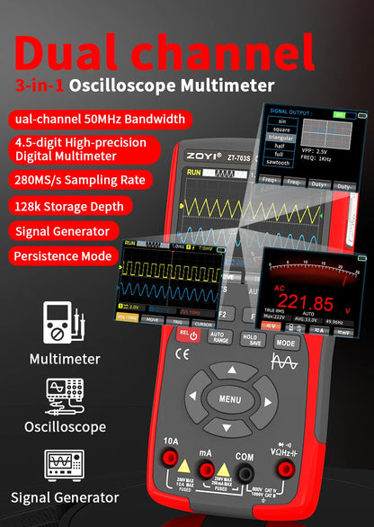 ZOYI 703S Handheld Oscilloscope Multimeter – Dual-Channel 3-in-1 Auto Repair Tool with Color Screen