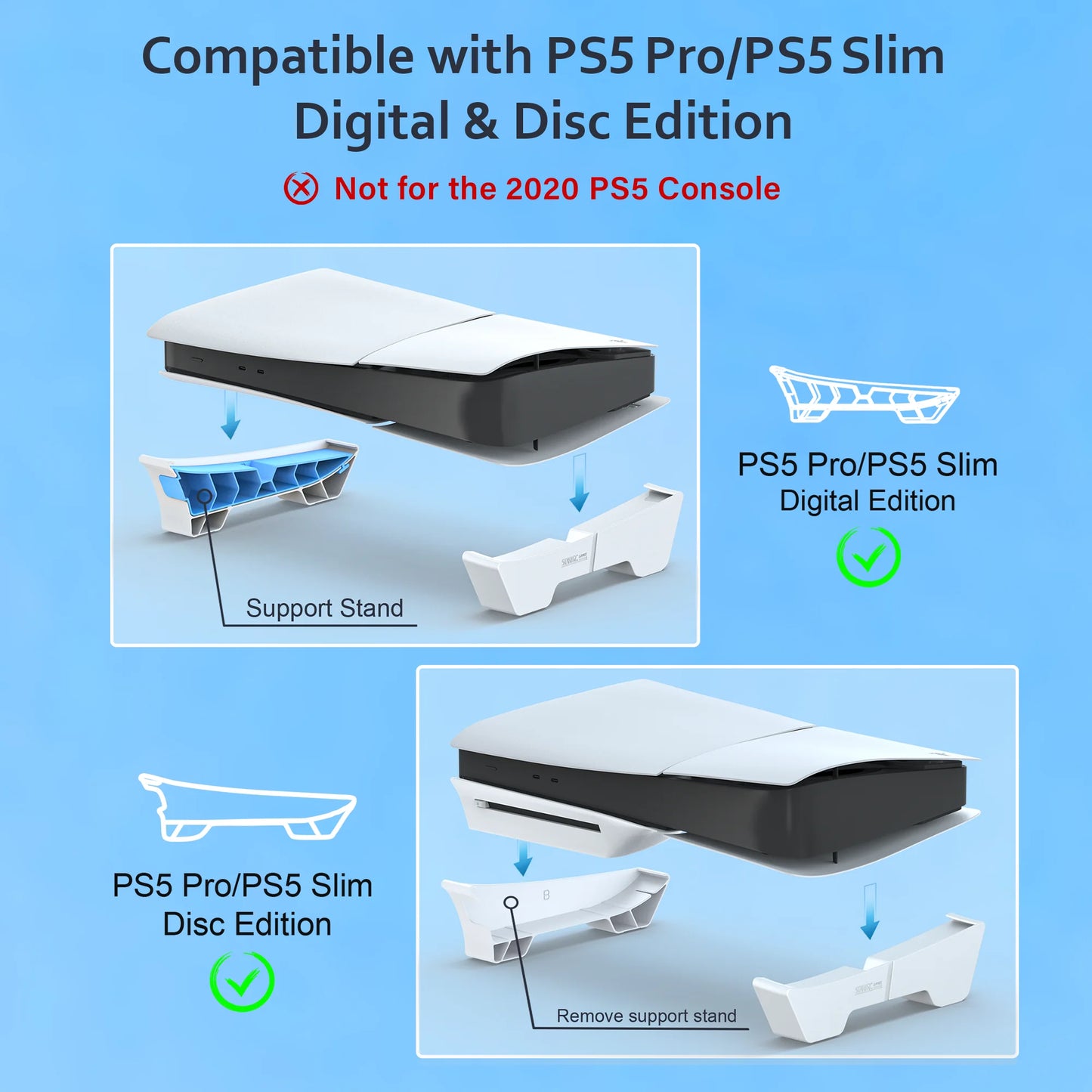 PS5 Pro & PS5 Slim Horizontal Stand Base – Console Mount Accessories for Disc & Digital Editions, Stable Gaming Support Stand
