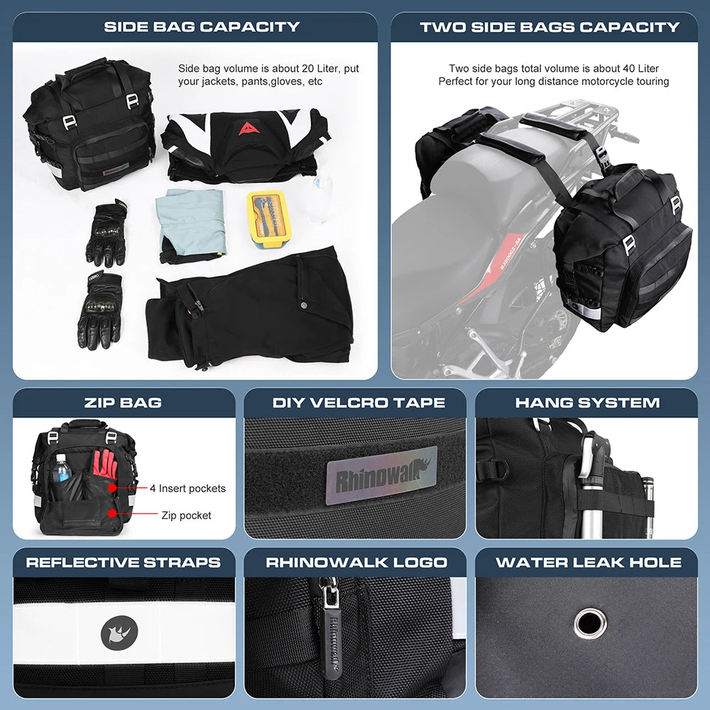 Rhinowalk Motorcycle Saddlebag 20L-30L – Universal Side Bag with Removable 100% Waterproof Inner Liner for Travel Motorbike Luggage
