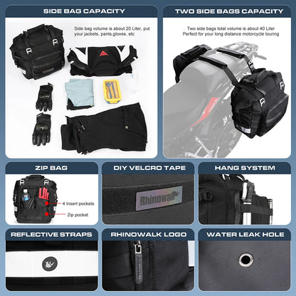 Rhinowalk Motorcycle Saddlebag 20L-30L – Universal Side Bag with Removable 100% Waterproof Inner Liner for Travel Motorbike Luggage