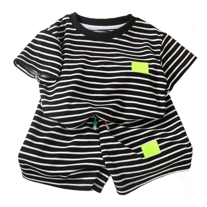 2PCS Kids Summer Outfit – Cotton Short Sleeve Tee & Shorts Set for Boys, Black & White Stripe