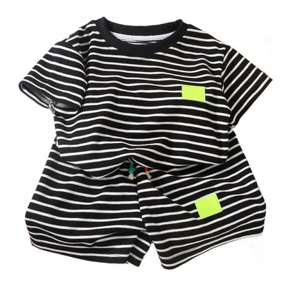 2PCS Kids Summer Outfit – Cotton Short Sleeve Tee & Shorts Set for Boys, Black & White Stripe