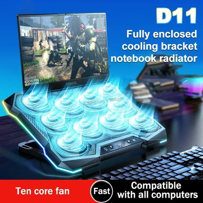 D11 Gaming Laptop Cooler Stand – 10-Fan Foldable Adjustable Cooling Pad for 12–18” Notebooks with RGB Lighting & Heat Dissipation