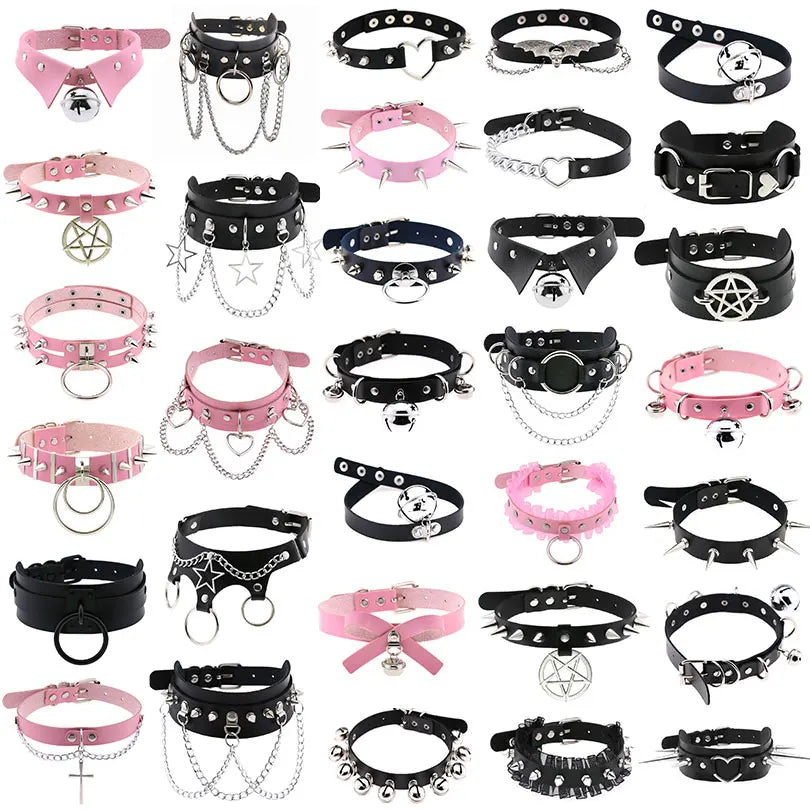 Harajuku Gothic Spike Rivet Star Choker Necklace – Black Bowknot PU Lace Leather Y2K Hip Hop Rock Jewelry for Girls
