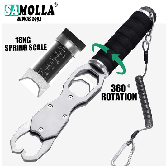 SAMOLLA Aluminum Fishing Grip Pliers - 18KG Spring Scale 360° Rotating Adjustable Fish Grabber Tool
