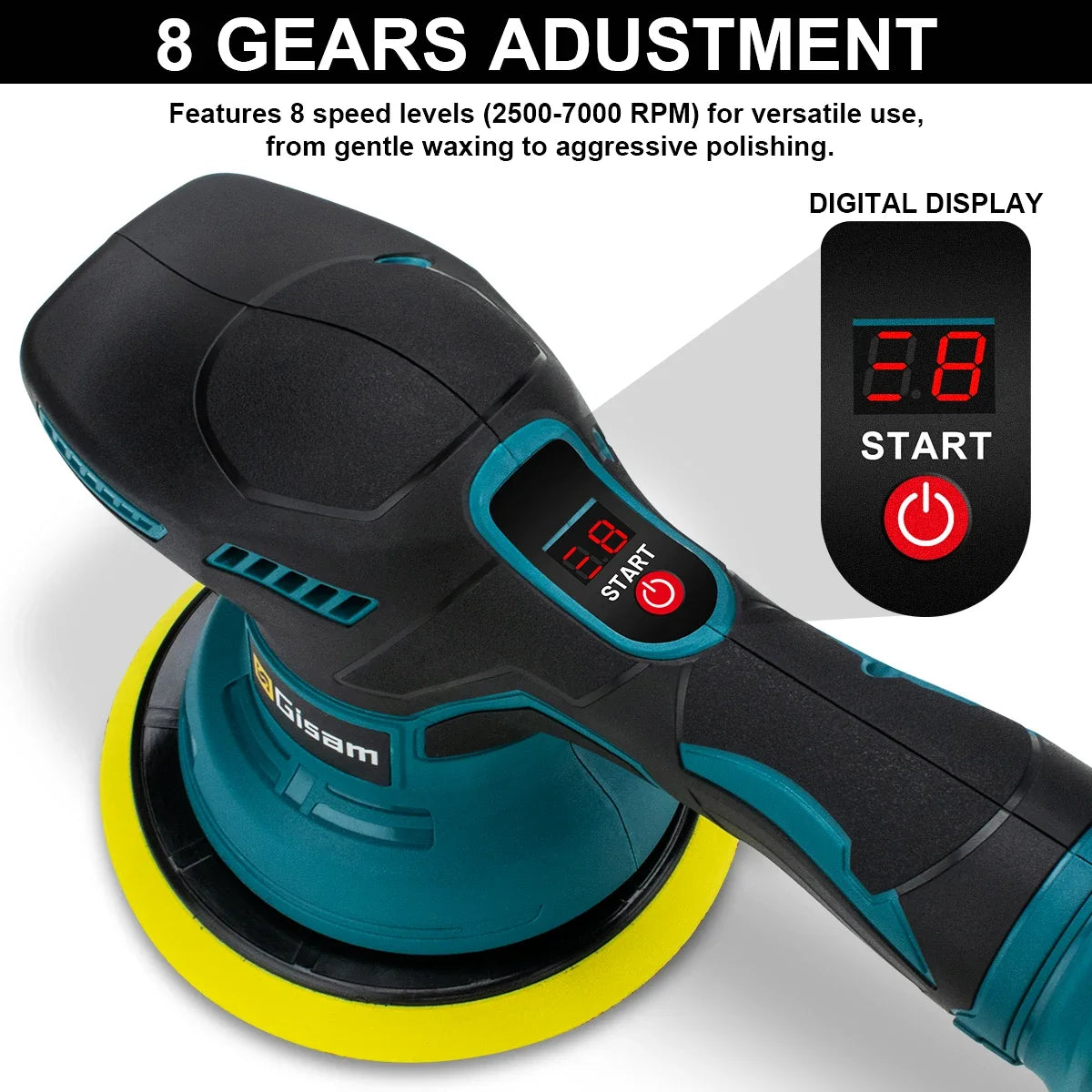 Gisam 8-Gear Digital Cordless Car Polisher — Electric Auto Waxing & Polishing Machine Compatible with Makita 18V Battery