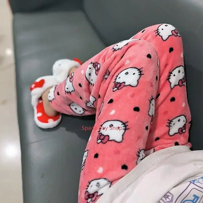Thick Hello Kitty Fleece Pajama Pants – Soft Double Elastic Anime Trousers for Women, Cute Sanrio Birthday Gift