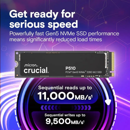 Crucial P510 Gen5 NVMe SSD – 1TB/2TB PCIe 5.0 M.2 2280 Internal Solid State Drive for Laptop & Desktop (OEM Pack)