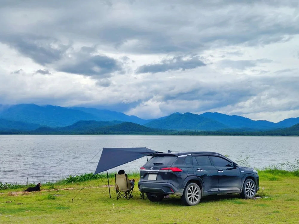 Manta Ray Car Side Awning – Black Coating Tarp with Suction Cup Anchor, Waterproof UV Protection for Outdoor Camping & SUV Shade