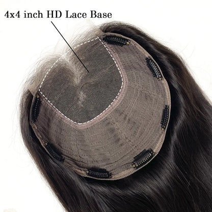 Virgin Human Hair 8x8 Inch Wefted Topper – 4x4 Inch HD Lace Base, Natural Black & Brown Hair Clips, Hairpiece for Women