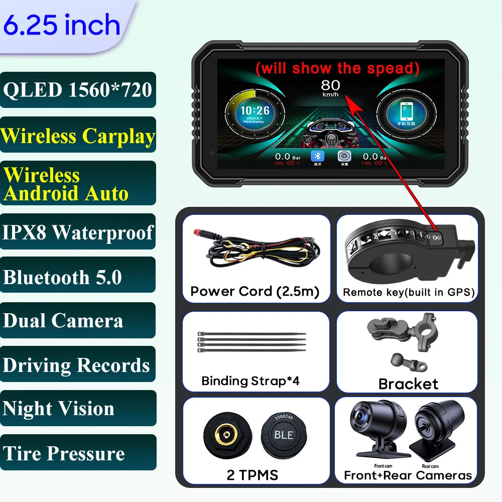 6.25-Inch Motorcycle GPS Navigation Screen with Wireless CarPlay & Android Auto – 1560x720 Resolution, Motor DVR Monitor, TPMS Optional