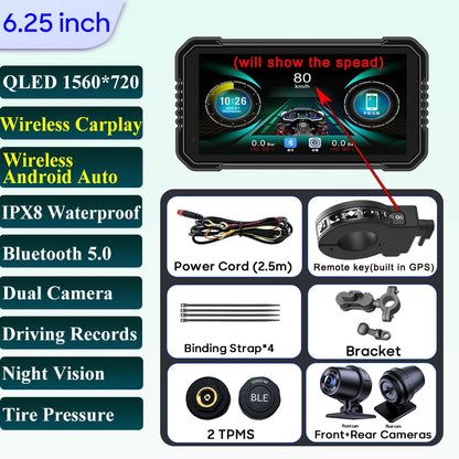 6.25-Inch Motorcycle GPS Navigation Screen with Wireless CarPlay & Android Auto – 1560x720 Resolution, Motor DVR Monitor, TPMS Optional