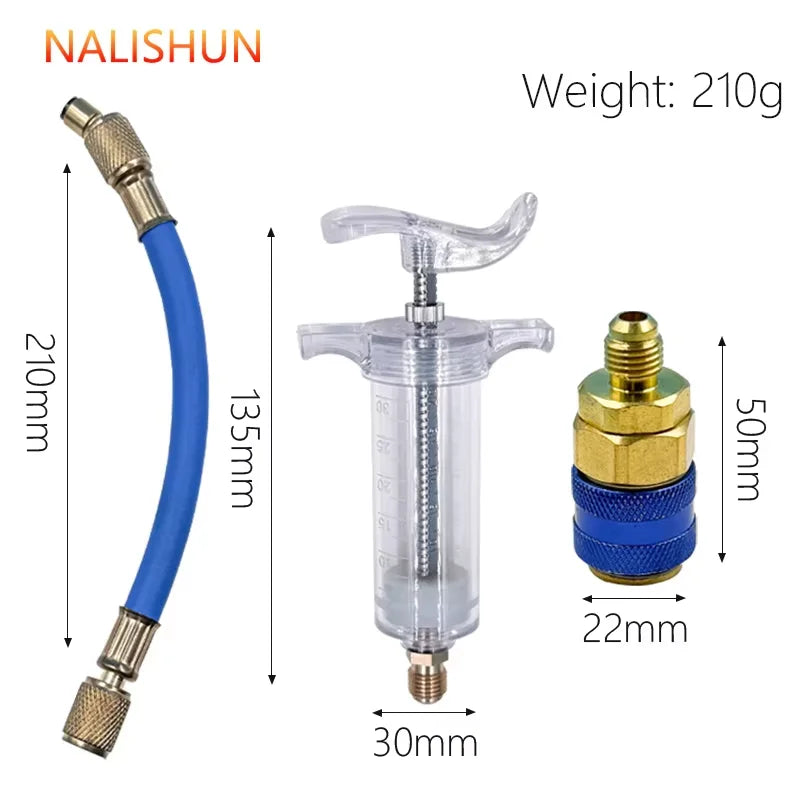 Car A/C Oil & Dye Injector 30ml - R-134a Refrigerant Filling Tool with 1/4 SAE Quick Coupler Adapter