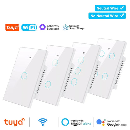 Tuya Smart WiFi Bluetooth Wall Touch Light Switch No Neutral Wire Required US 1-4 Gang Alexa Google Home Compatible Switch
