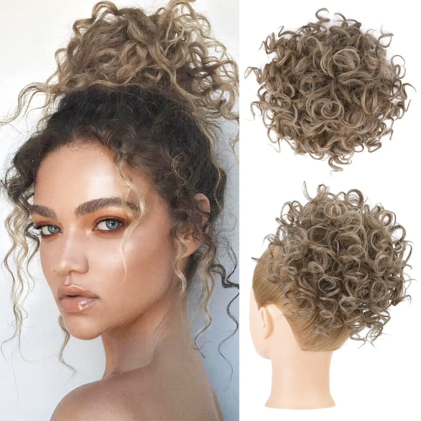 Synthetic Messy Curly Hair Bun – Short Loose Wave Updo Ponytail, Blonde Chignon Hairpiece, Heat-Resistant Extensions for Women