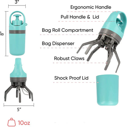 Portable Poop Scooper with Built-In Bag Dispenser - Lightweight Claw Waste Picker for Dogs - Pet Cleaner Tool
