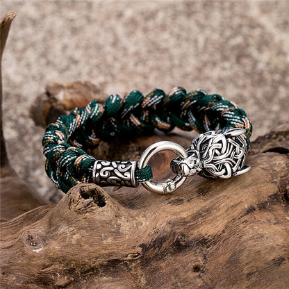 Vintage Norse Runes Celtic Wolf Survival Rope Bracelet - Handmade Stainless Steel Wristband for Men, Vikings Jewelry