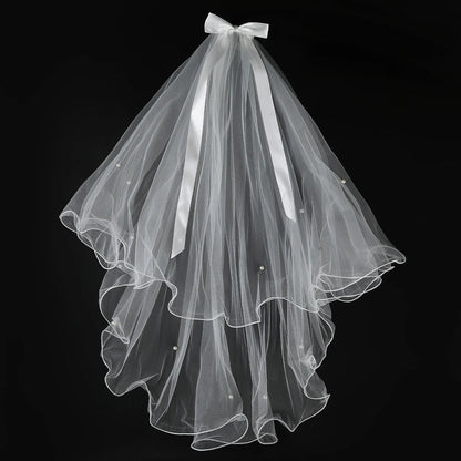 White Tulle Bow Veil Hairpin with Pearls – Elegant Bridal & Bachelorette Hair Clip for Weddings, Parties, and Gifts