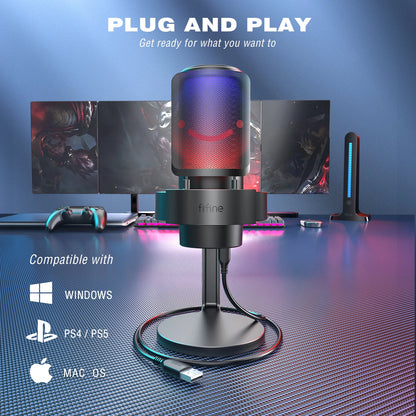 FIFINE A8 USB Microphone with RGB, Touch Mute & Headphone Output for Recording & Streaming on PC Mac