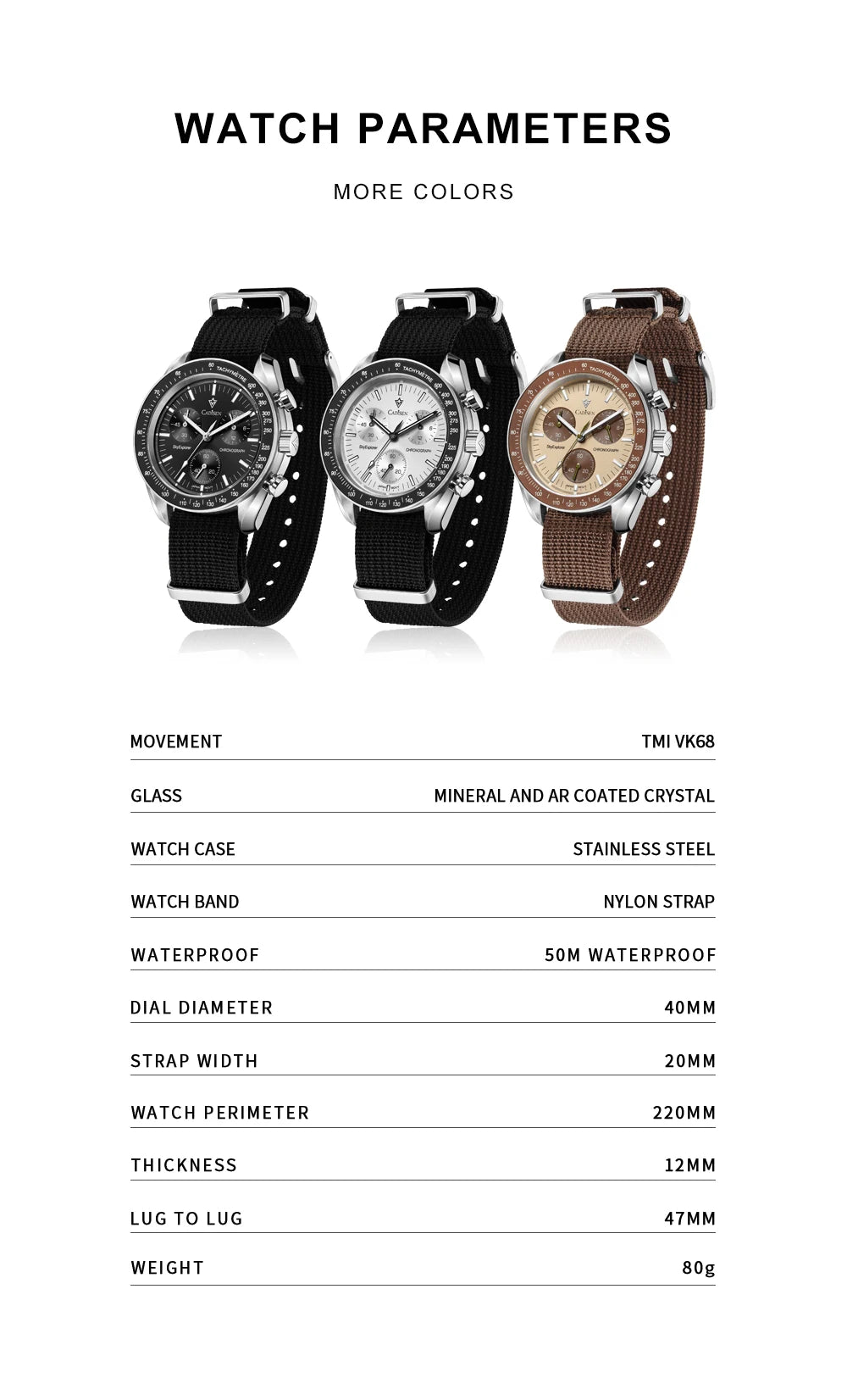CADISEN Men's Luxury Watch – Quartz VK68 Chronograph, Sapphire AR Crystal, Canvas Strap Speed Style Wristwatch