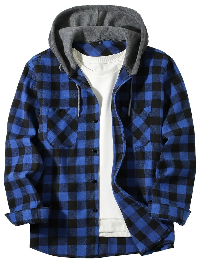 Youth Men’s Hooded Plaid Shirt - Slim Fit Long Sleeve Casual Travel & Streetwear Jacket