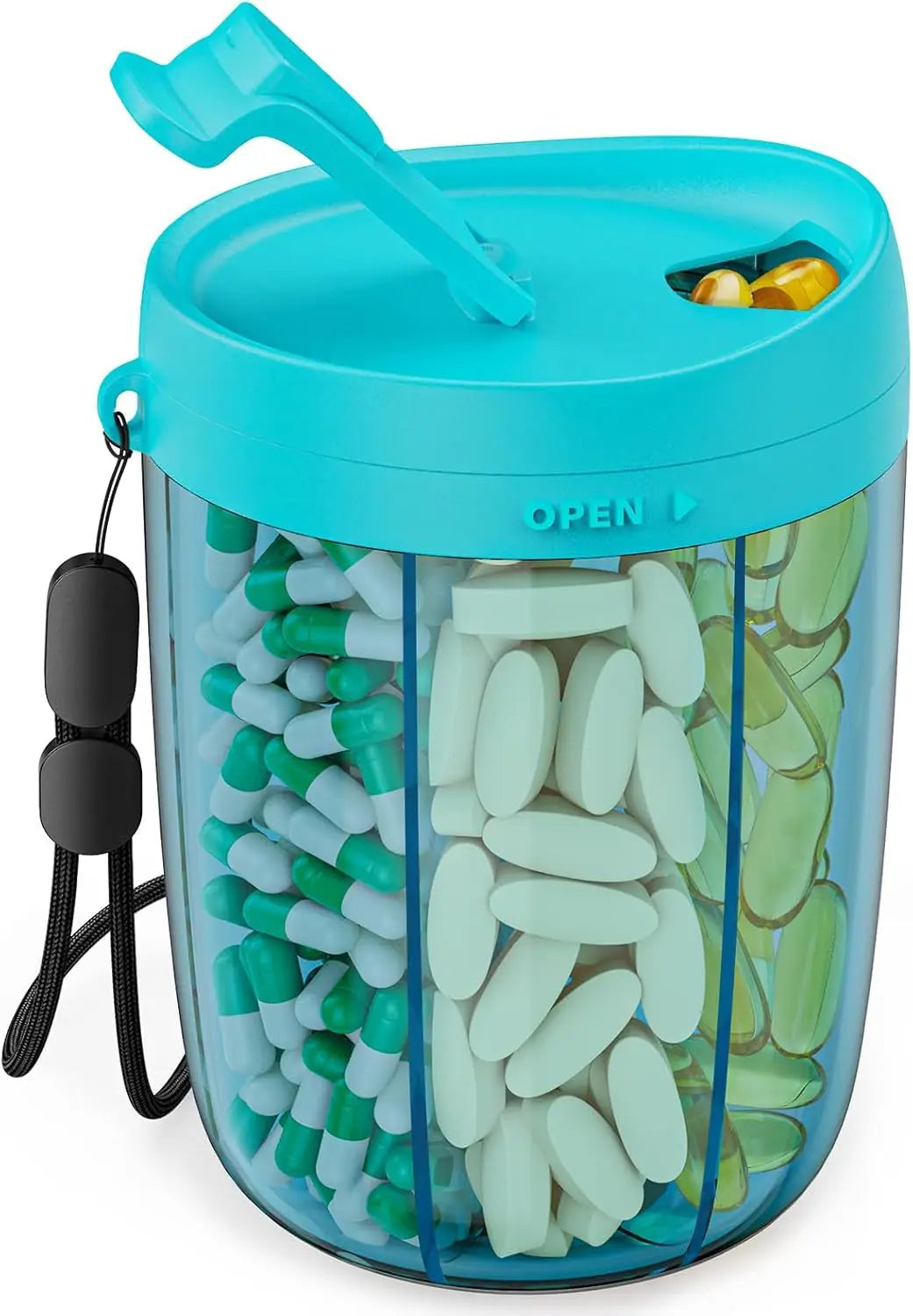 6-Grid Large Pill Organizer – Travel Supplement Case for Vitamins, Pills, and Capsules with Straw Container