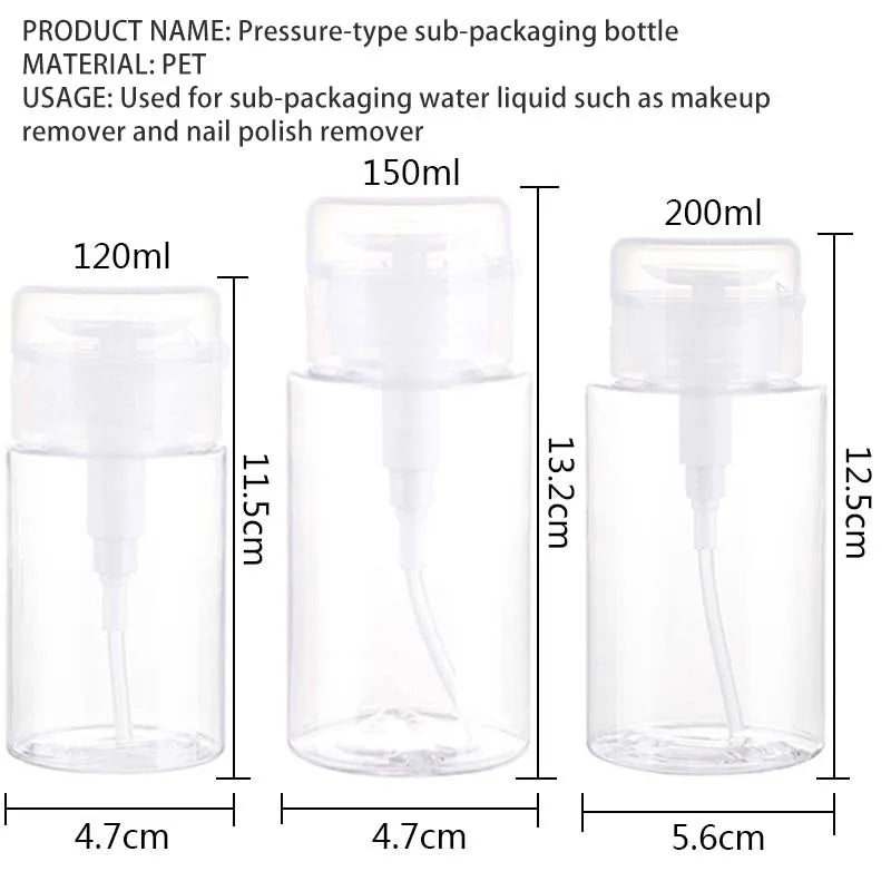 120/150/200ml Refillable Nail Pump Bottles – Empty Dispenser for Polish Remover, Cleaner & Manicure Tools
