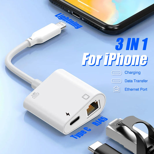 Lightning to RJ45 Ethernet Adapter 3-in-1 – Network Card Converter with Charging & Data Transfer for iPhone 14/13/12/11 Pro