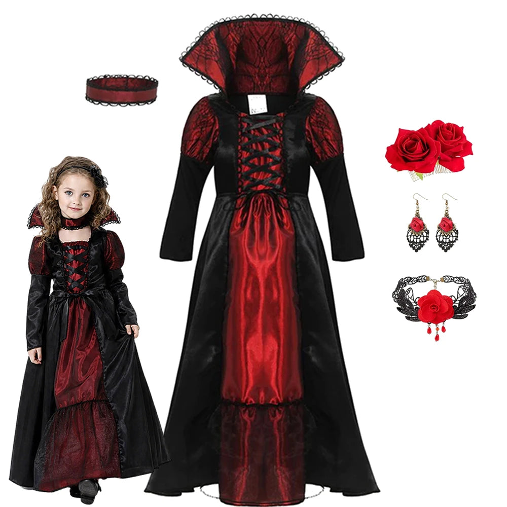 Girls Vampire Queen Costume - Black & Red Vintage Long Dress with Collar for Halloween & Cosplay