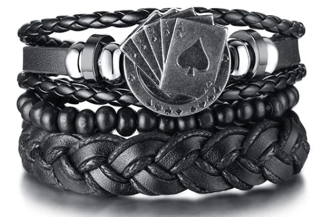 4Pcs Men's Braided Leather Bracelets Set – Vintage Life Tree & Rudder Charms, Wood Beads, Ethnic Tribal Wristbands