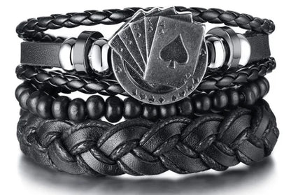 4Pcs Men's Braided Leather Bracelets Set – Vintage Life Tree & Rudder Charms, Wood Beads, Ethnic Tribal Wristbands