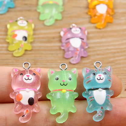 Cartoon Cat Resin Charms - 10-Piece 3D Luminous Animal Pendants for DIY Bracelets & Necklaces