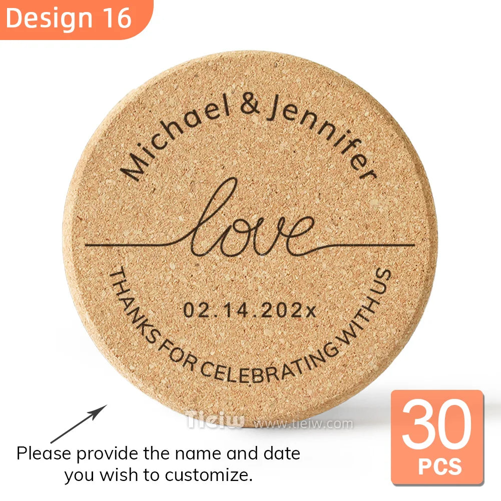 30-Piece Personalized Cork Coaster Set - Custom Tie Design Wedding Favors, Bridal Shower Gifts and Corporate Party Keepsakes
