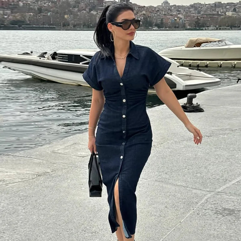 TRAF Women’s Denim Bodycon Dress – Summer 2025 Blue Button Ruffled Batwing Sleeve Long Casual Beach Vestido