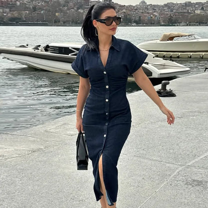 TRAF Women’s Denim Bodycon Dress – Summer 2025 Blue Button Ruffled Batwing Sleeve Long Casual Beach Vestido