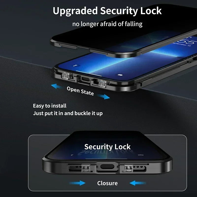 360° Full Protection Metal Magnetic Double-Sided Glass Case for iPhone 17 16 15 14 13 12 Pro Max Plus 17E 16E - Snap Lock Privacy Protective Cover