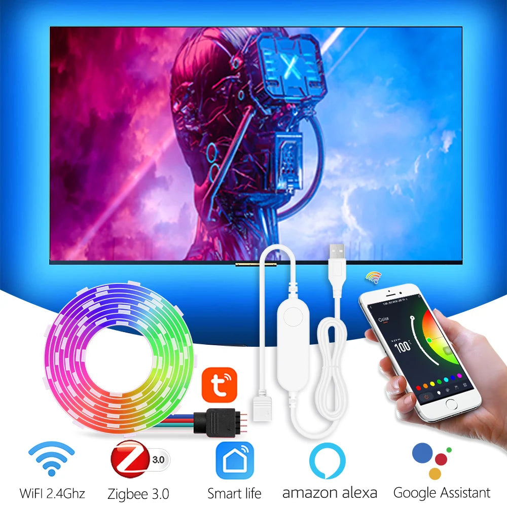 5V USB RGB/RGBW LED Strip Lights Smart App Control Bluetooth WiFi Zigbee Compatible TV Backlight with Alexa Color Changing Room Lighting