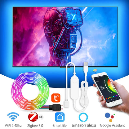 5V USB RGB/RGBW LED Strip Lights Smart App Control Bluetooth WiFi Zigbee Compatible TV Backlight with Alexa Color Changing Room Lighting