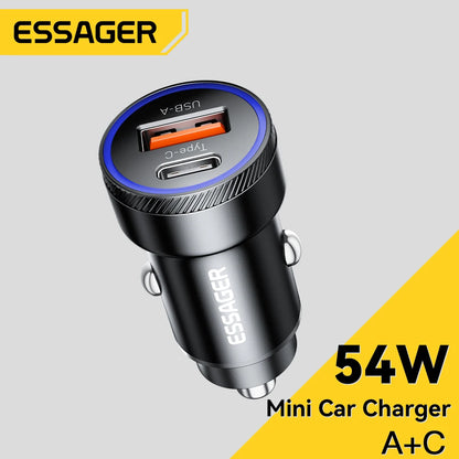 Essager 54W USB Car Charger – 5A Fast Charging Adapter with QC 3.0, SCP & AFC 30W Type-C Dual Port Quick Charger for iPhone, Samsung, Huawei, Xiaomi & Poco Devices