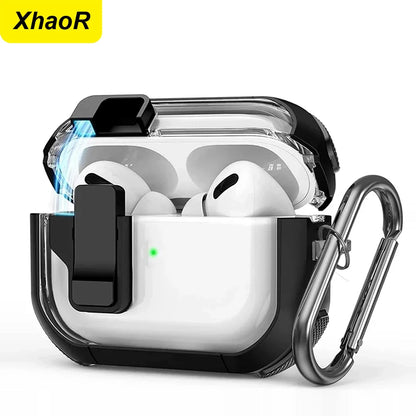 Shockproof Transparent Lock Case for AirPods Pro 2/3/4 – Full Body Protection with Magnetic Keychain & Charging Support