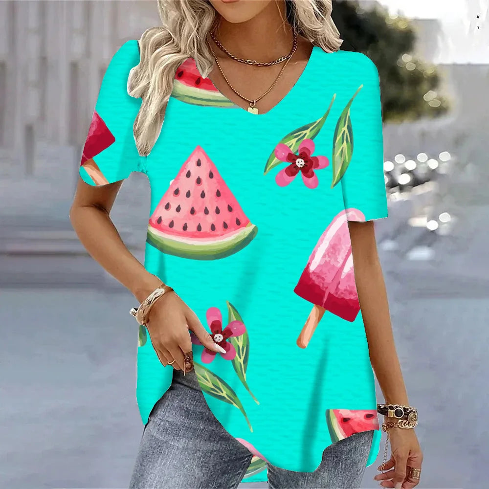 3D Floral Print T-Shirt - Women's Harajuku Casual Loose Fit Summer Crewneck Top