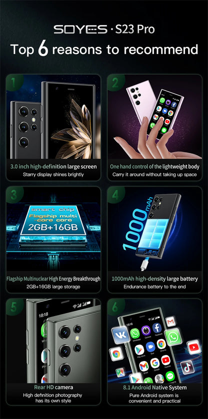 SOYES S23 Pro Mini Android Phone — 3.0" Display, 2GB RAM, 16GB ROM, Dual SIM, 1000mAh, 3G Compact Smartphone