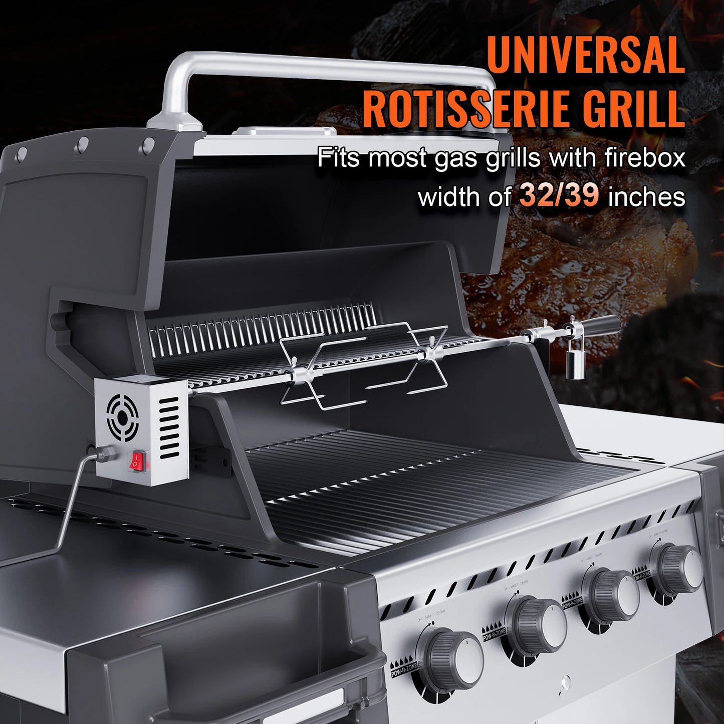 SucceBuy Universal Grill Rotisserie Kit — Stainless Steel Electric BBQ Grill with 9W Motor, Automatic Grilling Set