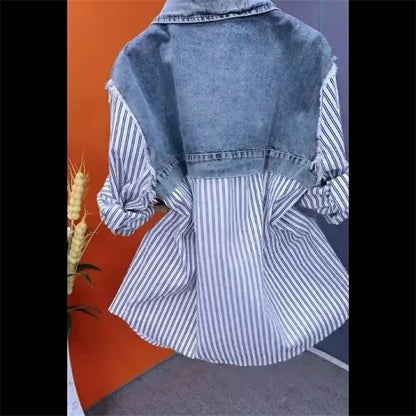 Women’s Denim Jacket – 2025 Casual Fashion, Fake Two Denim Shirts with Striped Stitching, Spring & Autumn Coat