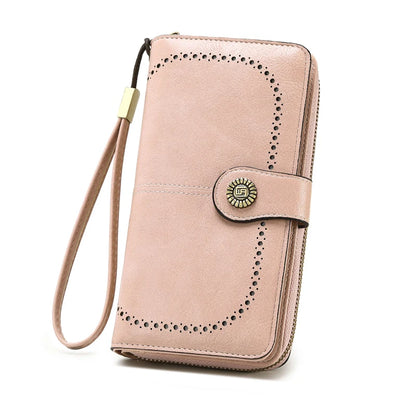 Vintage Large Capacity Women's Purse – Monochromatic Multi-Card Long Wallet with Zipper & Wrist Strap