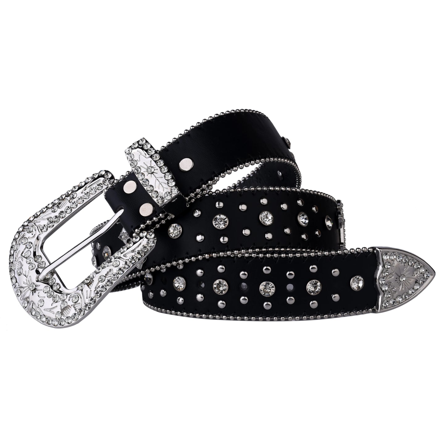 Black Cross Rivet Belt with Engraved Buckle – Rhinestone PU Punk Western Cowboy Cowgirl Jeans Belt