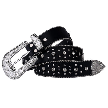 Black Cross Rivet Belt with Engraved Buckle – Rhinestone PU Punk Western Cowboy Cowgirl Jeans Belt