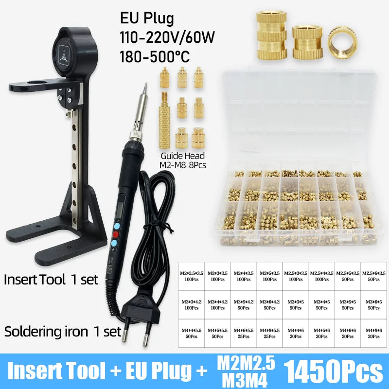 Heat Set Insert Tool Kit for 3D Printing – M2–M8 Brass Threaded Copper Nuts & Soldering Iron Tips