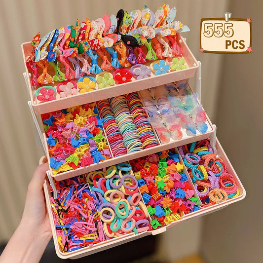555Pcs Girls Hair Accessories Set - Colorful Butterfly Clips Elastic Bands & Hair Ties for Daily Ponytails and Styling