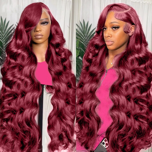 Burgundy 99J Body Wave Wig – 13x4/13x6 HD Lace Front, Pre-Plucked Human Hair Red Colored Wig